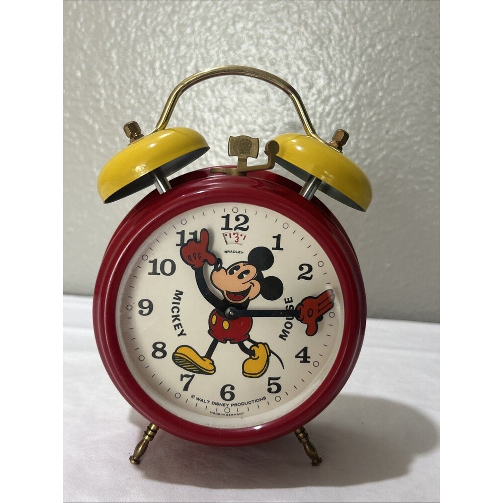 Vintage Bradley Mickey Mouse Wind Up Alarm Clock Germany Disney Red Yellow